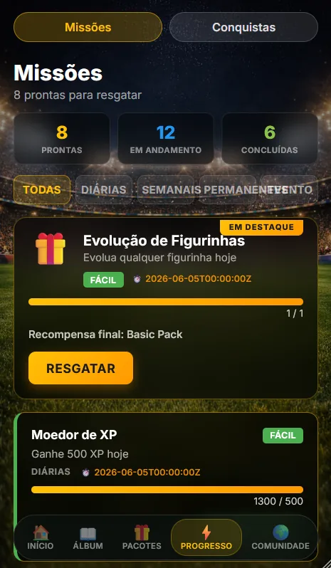 Missions page with daily and weekly challenges