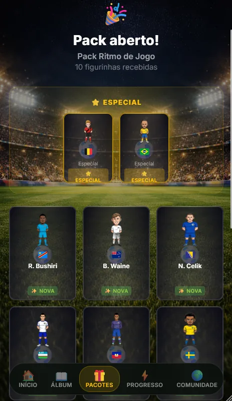 Pack opening screen showing revealed stickers